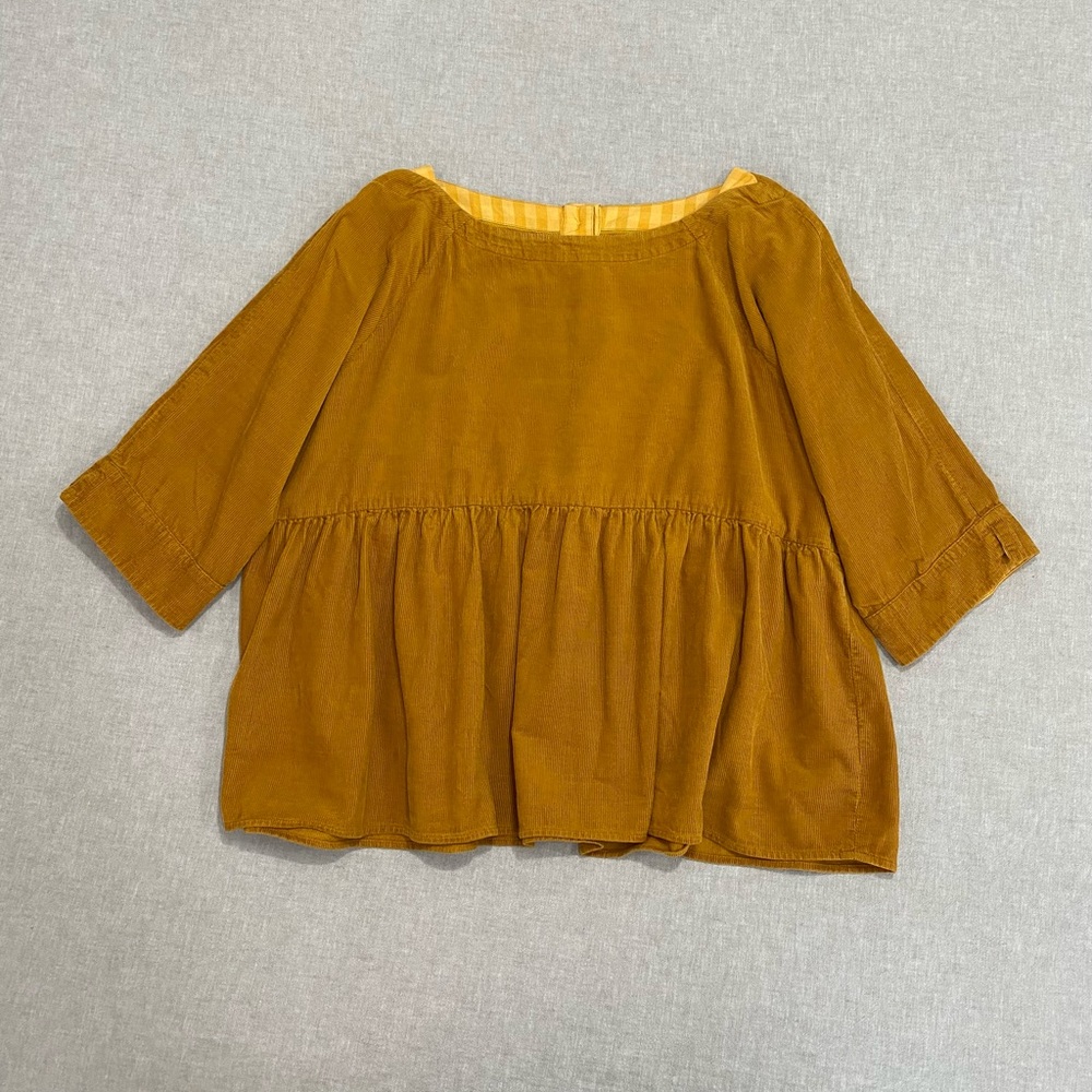 Anthropologie Maria Babydoll Corduroy Blouse,Gold 3/4 Sleeve Boxy top Boho Sz S